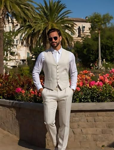 Men's Casual Linen Suit Set 2 Piece Slim Fit Beach Wedding Suits Prom Groomsmen Tuxedos Vest Pants2