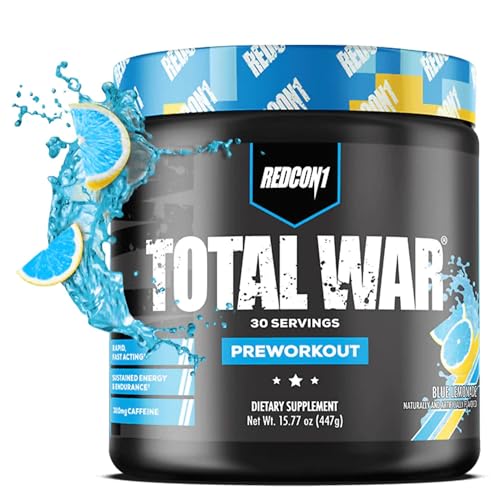 REDCON1 Total War Pre Workout Powder, Blue Lemonade – Beta Alanine + Citrulline Malate Keto Friendly Preworkout for Men & Women with 320mg of Caffeine – Fast Acting (30 Servings)