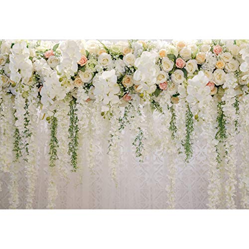 Xiaoterna 3x2m Toile de Fond Fleurs Blanches Toile de Fond Murale Fleurs de mariée Fond Photographique de fête de Mariage avec Rose Florale Mariage Décor de...