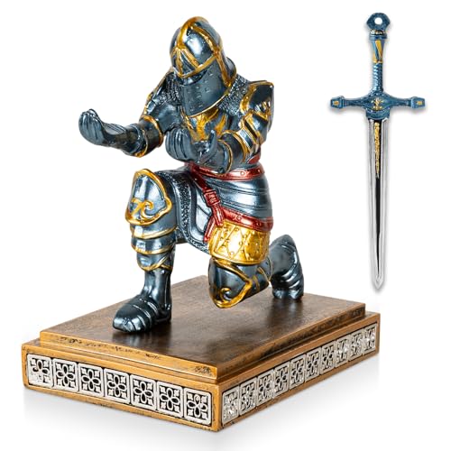 MACLARONX Kneeling Knight Pen Holder with Sword Medieval Warrior Fancy Pencil Stand for Office Desk Home Decor for Men Father Husband Armor Soldier Statue