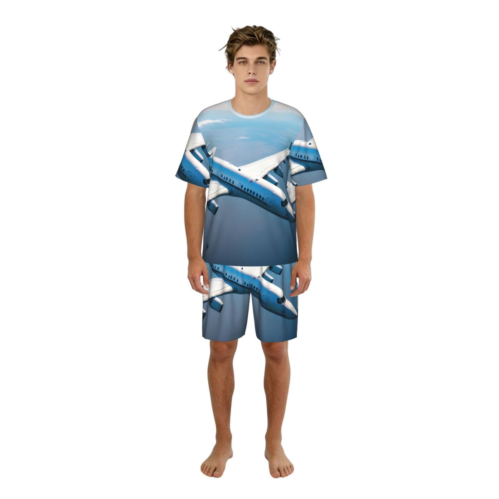 Conjunto de pijama clásico con estampado de aviones para hombre, pantalones cortos de pijama suaves para hombre, perfecto para las noches de verano
