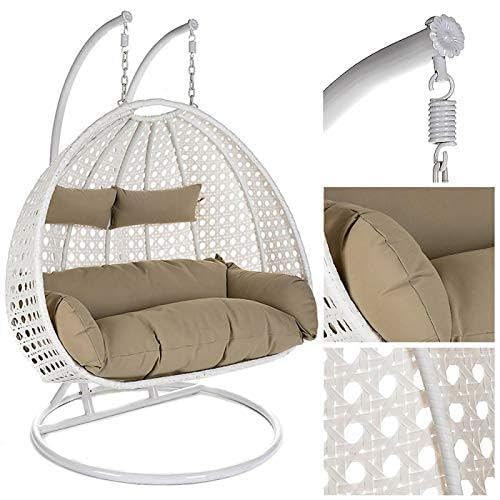 Image of Double Seater Hammock Swing Chair with Stand & Cushion | Heavy Duty Powder Coated Steel Frame | Outdoor Indoor Hanging Swing for Patio Balcony Garden Terrace Living Room (White-Light.Brown)