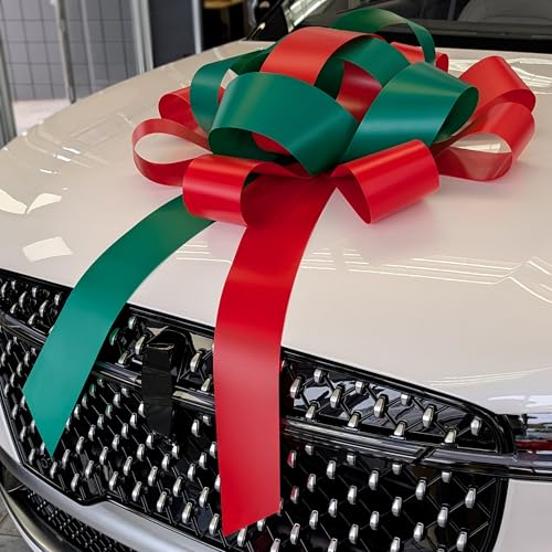 Image of CarBowz Big Car Bow for Car Decorations and Birthday Car Gifts, Large Bow Ribbon, Magnet, Car Safe Sticker Included, Fully Assembled 30 inch Wide Huge Bow, No Suction Cup Needed (Red /Green)