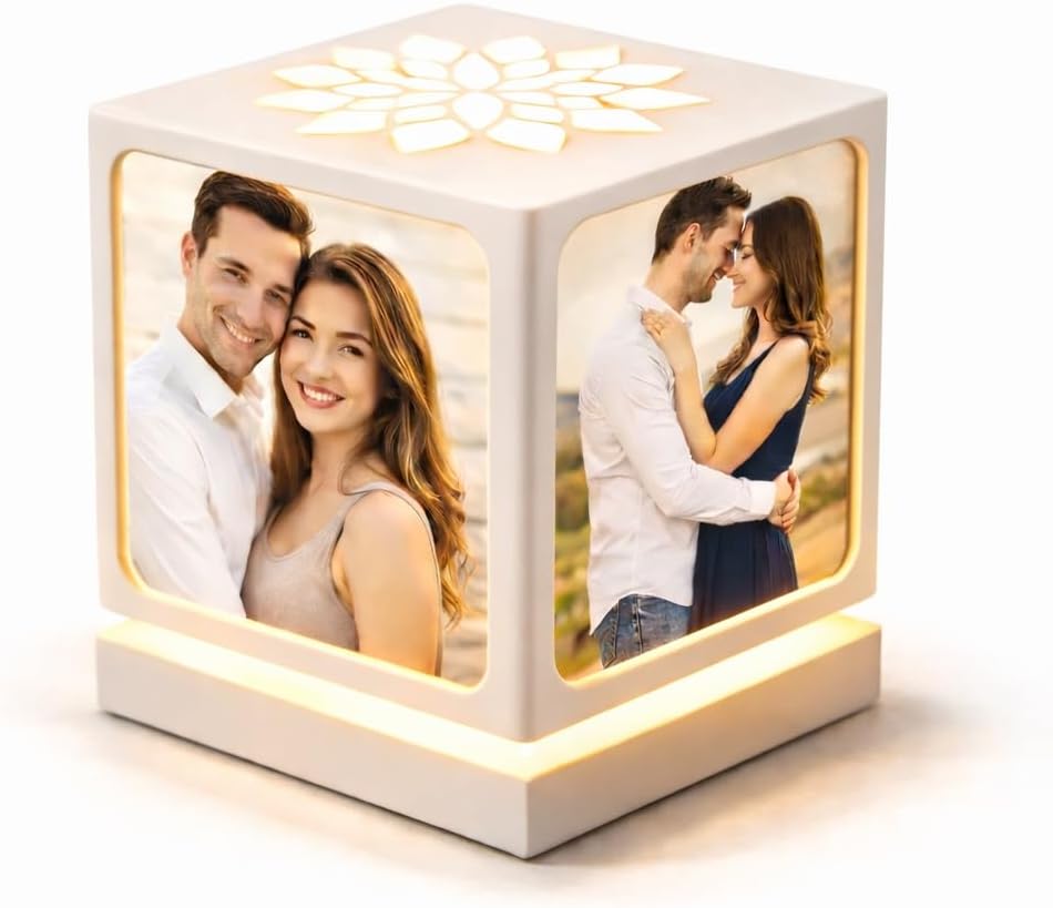 ZOCI VOCI Custom Rotating Picture Frame with Night Light, Personalized Table Lamp with 4 Photos, Customized Anniversary Couples Gifts for Women and Men, Romantic Gifts for Him and Her (White)