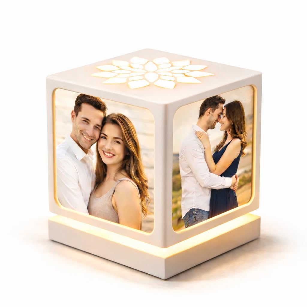 ZOCI VOCI Lámpara fotográfica giratoria con 4 fotos, NOSTALGIA FLORA - Regalos personalizados para marido y mujer (Blanco) | Lámpara de mesa personalizada, 4 fotos, regalos de aniversario para parejas, regalos románticos