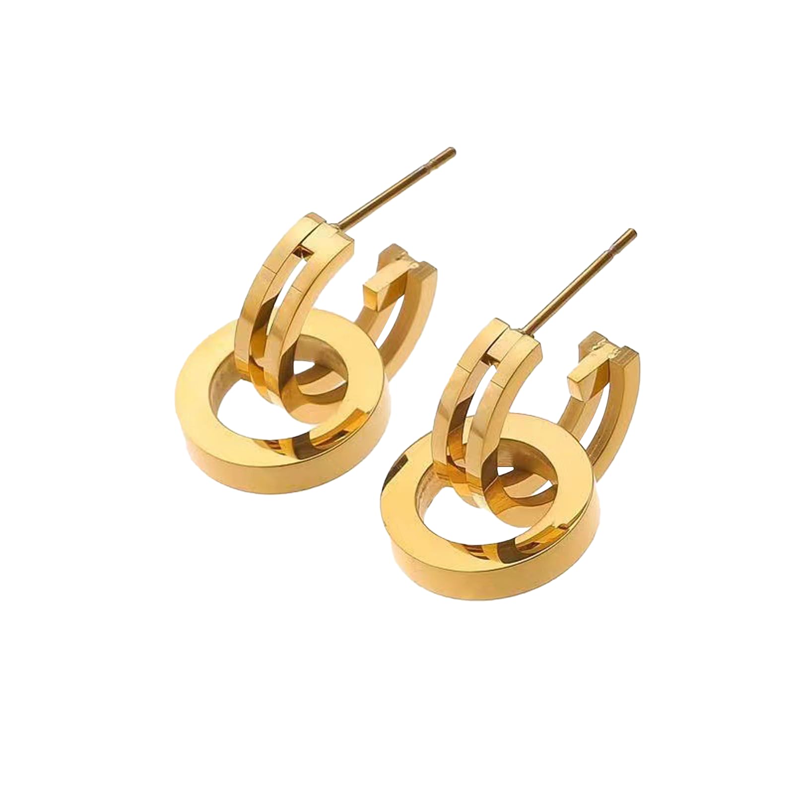 Gkaopi1 Pairs Gold Hoop Double Earrings for Women, Round Titanium Steel Ear Studs Hypoallergenic Metal Earrings for Women, Fashion Jewelry Women Girls Birthday Gift