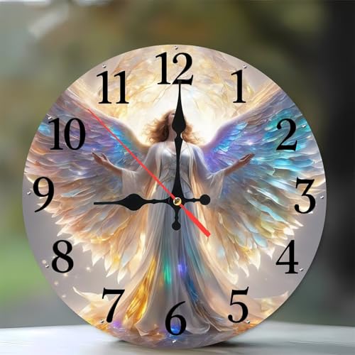 Jinmer Horloge Murale en Bois Ronde 25 cm Motif Femme Ange, Cuisine, Salon, Horloge Décorative Silencieuse, sans Tic-Tac, Fonctionne à Piles, Décoration D'intérieur