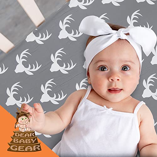 Image of Dear Baby Gear Deluxe Baby Crib Sheet - Cotton Polyester Infant Sheets - Soft Machine-Washable Crib Mattress Cover - Newborn Nursery Bedsheet - White Antler on Charcoal Gray Print, 52 inchx28 inchx10 inch