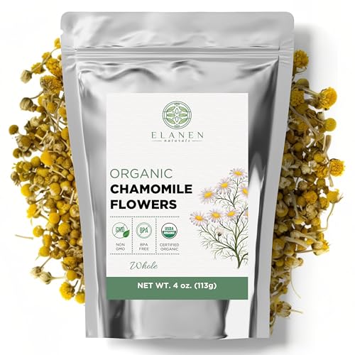 Elanen Naturals Organic Chamomile Flowers 4 oz. (113g), USDA Certified Organic Camomile Manzanilla Tea Loose Leaf, German Chomomile Golden Chamomeal Herb, Whole