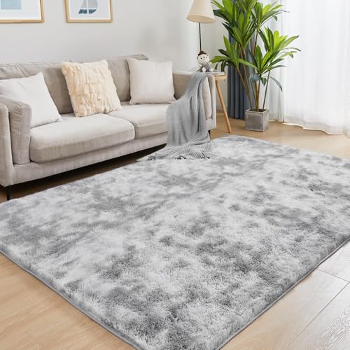 Puremy Wohnzimmerteppich, Hochflor Teppiche Wohnzimmer Deko Flauschiger Weich Waschbarer & Anti-Rutsch Modern Shaggy Teppich für Schlafzimmer, Kinderzimmer, 140x200cm, Tie-Dye Hellgrau