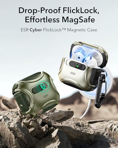 Image of ESR for AirPods 4 Case, Compatible with AirPods 4 Generation Case (2024) (USB-C), Compatible with MagSafe, Drop-Proof Lock, Easy Open, Cyber Series, Army Green
