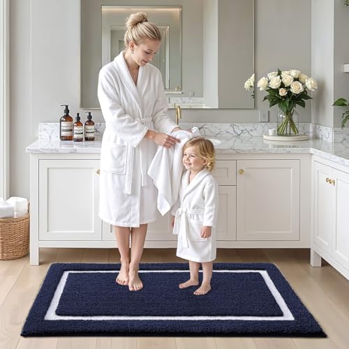 Image of Color&Geometry Navy Blue Bathroom Rugs 43x24, Extra Soft Absorbent Microfiber Bath Rugs, Non-Slip Bathroom mat, Washable Plush Bath Mats for Bathroom, Shower, Bathtub, Laundry, Blue White