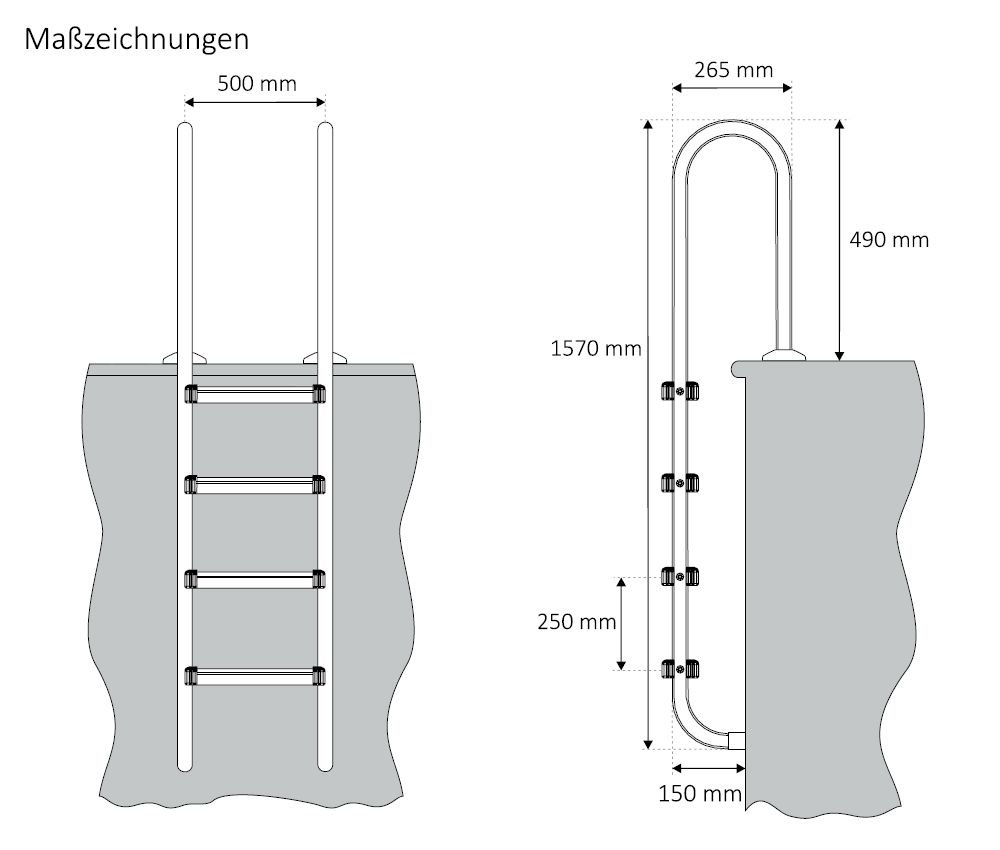 Zelsius V2A Edelstahl Poolleiter mit 4 Stufen | 50 x 26,5 x 157 cm - Silber | mit Rutschsicherung | Schwimmbadleiter für Pool und Schwimmbecken | Pool Einstieg, Einbauleiter, Sicherheitsleiter
