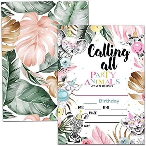 Birthday Party Invitation Cards, Jungle Animals Party Celebration, Woodland Tropical Party Supplies, Favors, 20 Cards With 20 Envelopes – (dongw02)