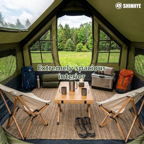 Image of Inflatable Tents for Camping - Blow Up Tent with Stove Jack and Pump, Hot Cabin Tent House Easy Setup 4 Season Waterproof Oxford Glamping Air Tents for Adult 2 /3 /4 Person