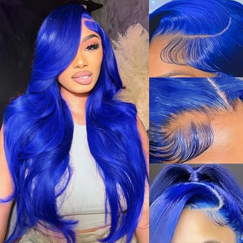 30 Inch Blue Lace Front Wig Human Hair Pre Plucked 200 Density Body Wave Human Hair Wig Colored Blue Real Hair Wigs 13x4 HD Lace Frontal Wigs for Women