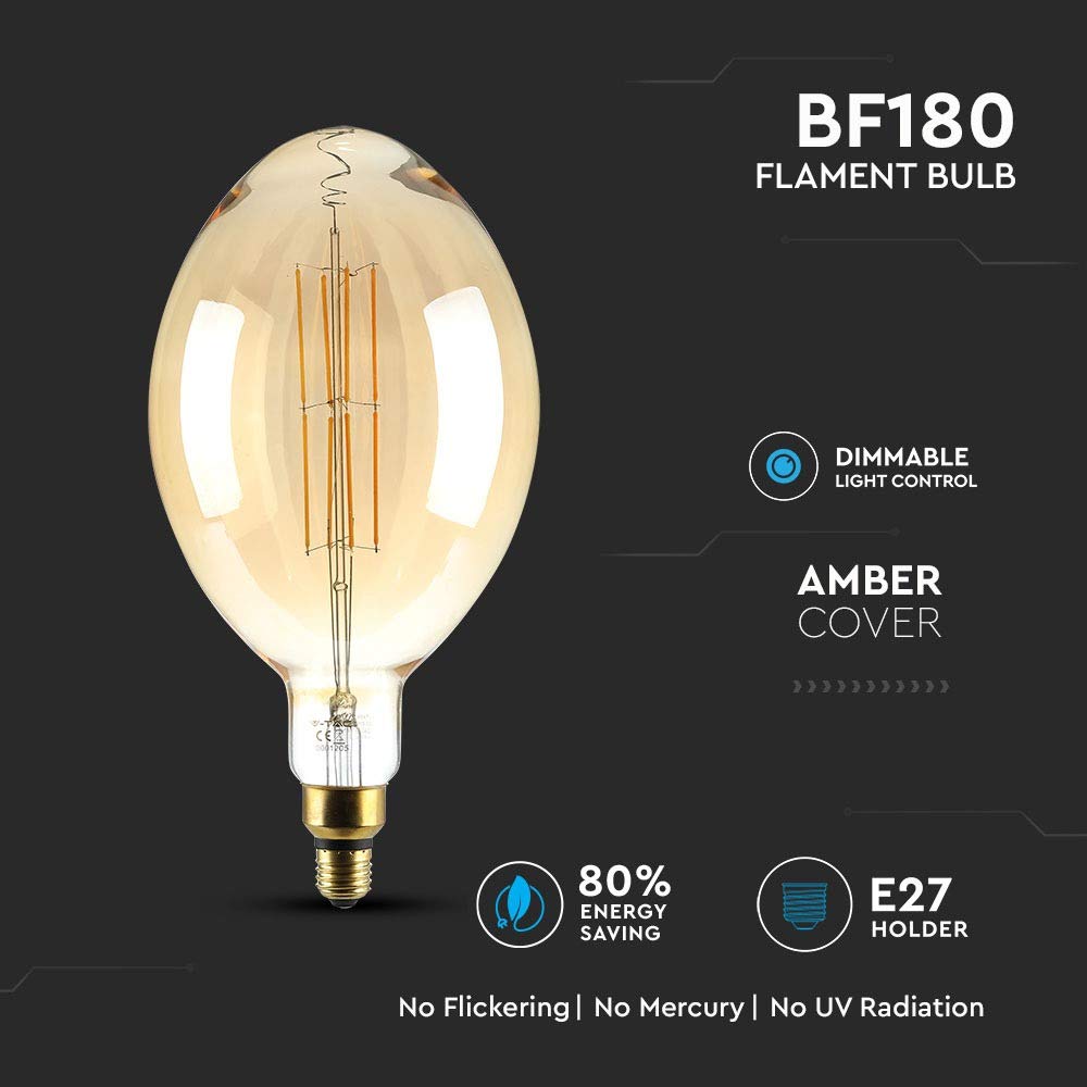 V-TAC Lampadina LED E27 8W BF180 Filamento Ambrato 2000K Dimmerabile