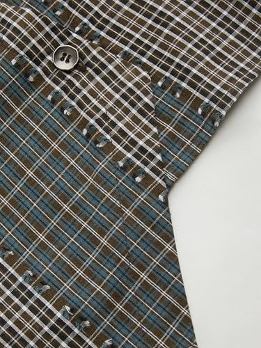CIDER Women Asymmetrical Button Shirt Plaid Short Sleeve Gingham Collar Neck Two Tone Patched Tops3