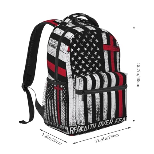 Faith Over Fear Patriotic Christian Cross American Flag Laptop Backpacks Double Shoulder Laptop Pack Bag Daypack Back Pack Bags Rucksack Computer Bag with Side Pockets Front Zipper Pockets2