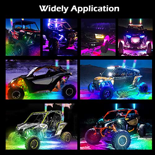 OHMU 2Pcs 4FT LED Whip Lights and 3rd-Gen Rock Lights Package with Bluetooth and Remote Control 360° Spiral Chase RGB 8 Pods Neon Light Offroad Warning Lighted Antenna Whip