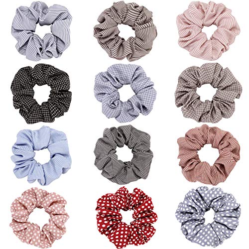 Folora 12pcs Multicolored Polka Dot & Stripe Hair Scrunchies Elastic Hair Ties for Ponytail Holder Hair Bands for Women Girls Hair Accessories