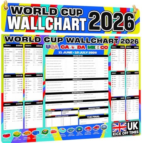 World Cup Wall Chart 2026 - World Cup Chart – Football Tournament Poster Huge A1 Size With Fixtures, UK Kick Off Times, TV Channels, Stadiums & Match Schedule Folded to A4 Multicoloured - View 3