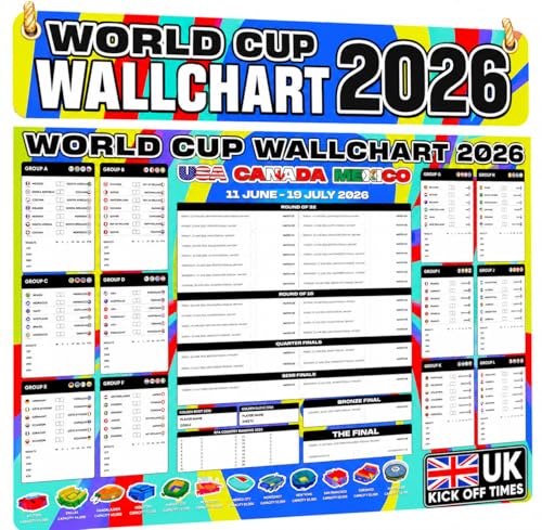 World Cup Wall Chart 2026 - World Cup Chart Football Tournament Poster Huge A1 Size With Fixtures UK Kick Off Times TV Channels Stadiums & Match Schedule Folded to A4 Multicoloured