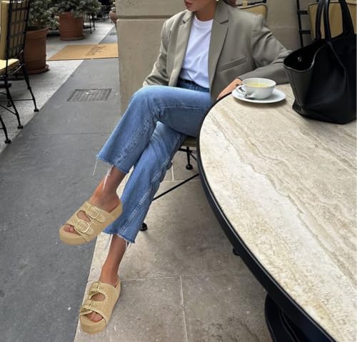 Raffia Sandals for Women Platform Slide Sandals Espadrille Adjustable Double Buckle Summer Comfortable Cute Woven Casual Beach Shoes2