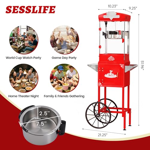 Image of Popcorn Machine, 10 Oz Vintage Popcorn Machine Cart with Wheels, Professional Movie Theater Style Popcorn Popper Makes Up to 40 Cups, Popcorn Maker Machine for Home & Commercial (Crimson Red)