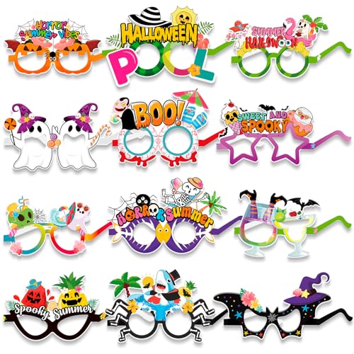 HOWAF 12pcs Summer Halloween Paper Eyeglasses Spooky Summer Party Photo Booth Props Glasses Frame Hawaii Themed Hallows Eve Paper Glasses Hawaii Halloween Party Costume Ghost Eyewear