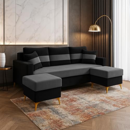 Image of SOCOZI Bastian 5 Seater L Shape Sofa Set with 2 Movable Ottomans | Flexible Layout | Soft Velvet Suede Fabric|Modern Sofa | Plush Comfort Cushions for Living Room (Black- Dark Grey)