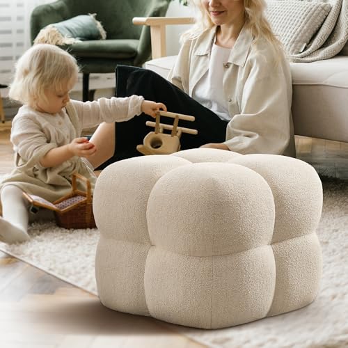 Zesthouse Square Pouf Ottoman Footstool, Modern Ottoman Coffee Table for Living Room, Beige Linen Stool Foot Rest, Upholstered Poofy Stool for Couch, Cute Vanity Chair Backless for Makeup Room Bedroom - Best Footstools