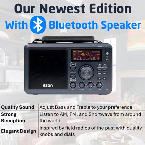 Image of Eton Elite Field Radio with AM /FM, Shortwave, RDS, Bluetooth, Digital Tuning, Treble /Bass Control, 50 Memory Stations, External Antenna, Rich LCD Display, Retro Tabletop Design | science-kits