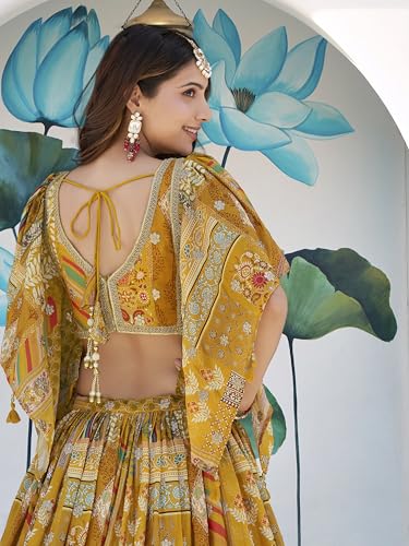 Image of Women's Digital Print With Zari Dori Embroidery Work Chinnon Silk Lehenga Choli With Dupatta (Women-Lehenga-Choli-New; Free size)