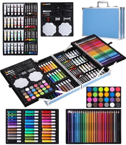 SOBEAU Maletin Pinturas para Niños, 144 piezas Estuche Pinturas, Pintura Acrílica, Lápices de Colores, Pasteles, Kit Pin...