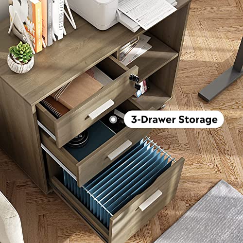 Devaise 3-Drawer Wood File Cabinet With Lock, Mobile Lateral Filing Cabinet, Printer Stand With Open Storage Shelves For Home Office, Gray Oak #TOP2
