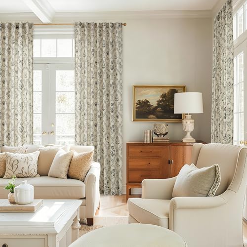 Image of Floral Linen Sheer Curtains 84 Inch Length for Living Room Charcoal Green