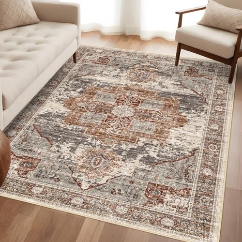 4x6 Living Room Area Rugs - Washable Area Rug Soft Stain Resistant Carpet Vintage Lightweight Ultra-Thin Rugs for Bedroom Kitchen entryway with Non Slip Backing Home Decor Small Mat 4X6 Brick