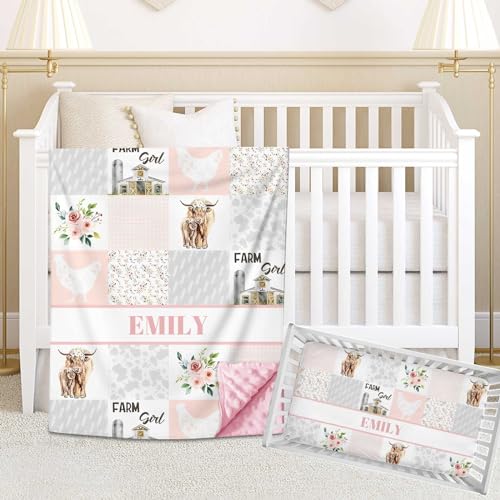 Personalized Baby Girl Crib Bedding Set with Name, 2 Piece Nursery Bedding, Name Comforter, Fitted Sheets (Farm Theme Pink)