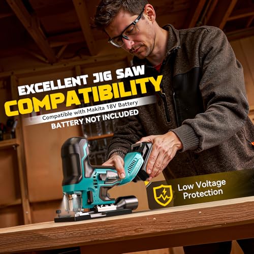 Image of Ecarke Cordless Jig Saw Compatible With Makita 18V Battery, Brushless Motor 3800RPM, 7 Speeds Dial Control, Free-Tool ±45 Bevel Cuts, 4 Orbital Action, Dust Blows and 6 Blades For Cutting, Tool Only