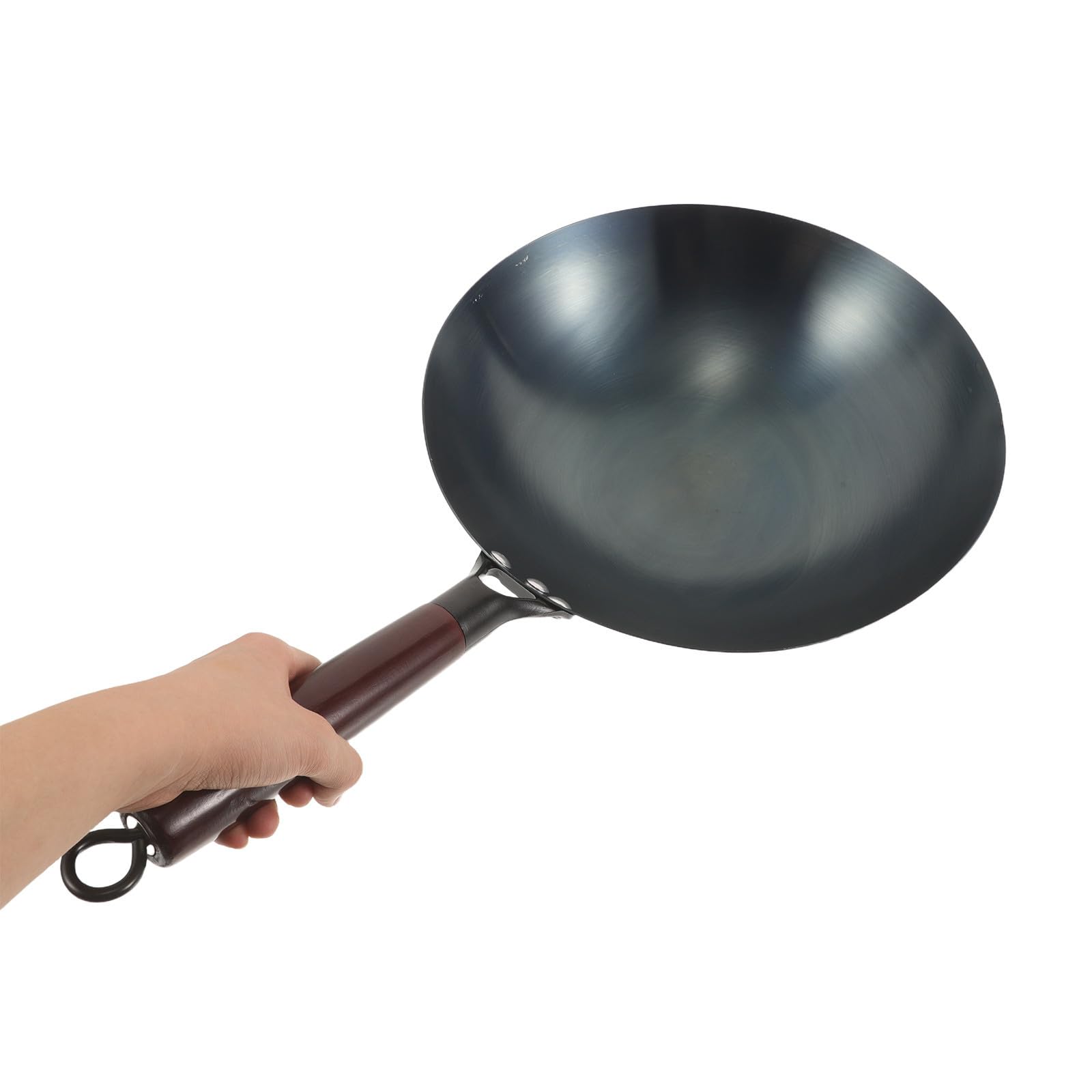 SHINEOFI Wok da Cucina in Ferro Nero con Manico in Legno, Fondo Circolare