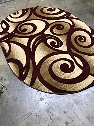 Modern Oval Contemporary Abstract Area Rug 256,000 Point Burgundy Beige Swirl Bellagio Design 341 (5 Feet 2 Inch X 7 Feet 3 Inch) #TOP2