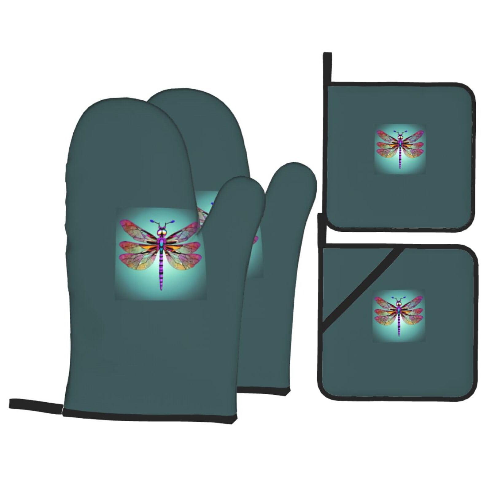 Cute Dragonfly pattern Print 4-Piece Oven Microwaving Set Kitchen Gloves for Holiday Cooking Baking Grilling