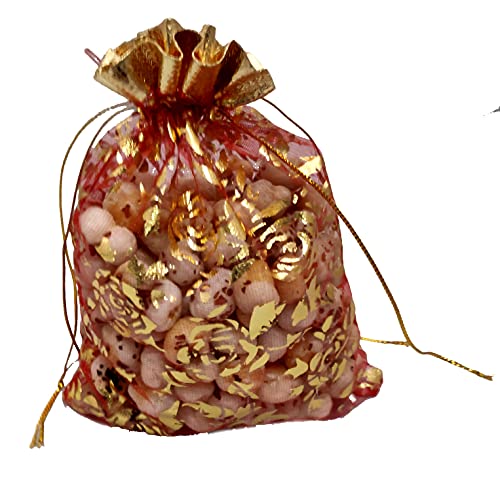 Image of 6 Inch x 8 Inch Net Fabric Drawstring Pouch for Dry Fruits Packing, Organza Shagun Potli, Bags for Return Gifts Pack, Pouches For Jewellery (Pack of 100, Gold)