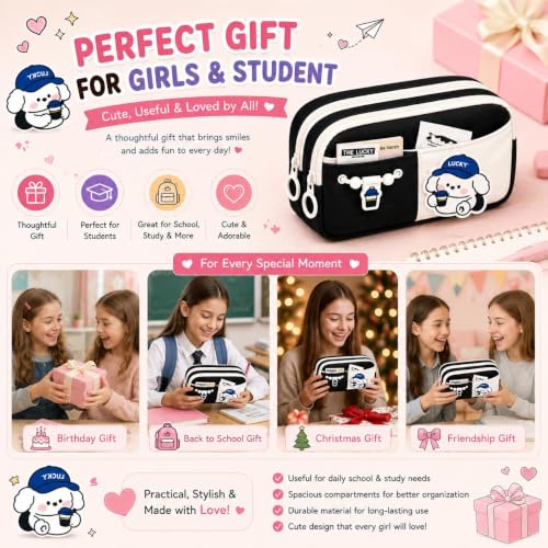 Image of Kawaii Cute Aesthetic Pencil Case for Girls & Boys | 3 Layer 6 Compartment Large Capacity Pencil Pouch with Zipper | Cartoon Stationery Organizer Bag for Students & Kids