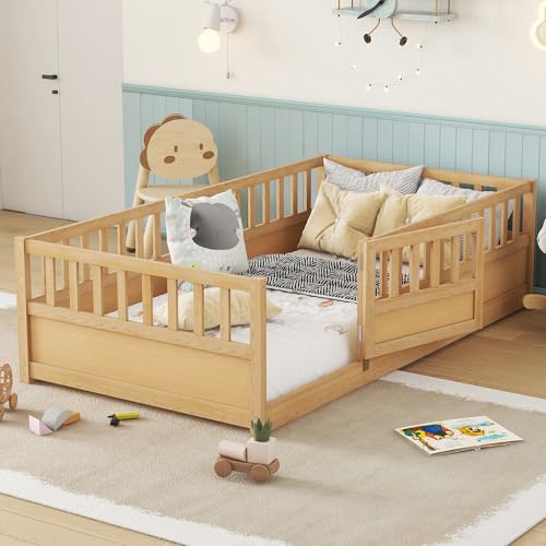 Image of Bellemave Twin Size Kids Montessori Floor Bed with Slats,Solid Wood Floor Bed Frame with High Fence and Door for Kids,Girls,Boys,Twin,Natural