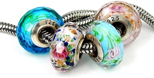 Set of 4 Handmade Faceted Murano Glass Charm Bead with Roses for Charms Bracelets