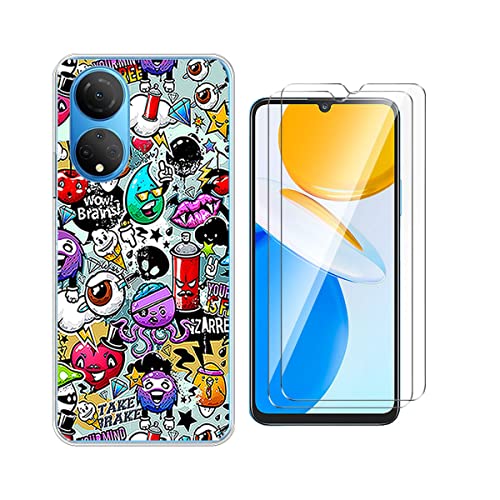 QFSM Protection Coque pour Honor X7 TPU Étui Silicone Transparent Housse Shell + Gratuit 2 Pcs Verre Trempé écran Glass Vitre Film (6.74") - Graffiti Cover