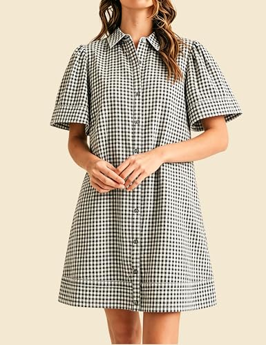 Image of Womens Short Sleeve Button Down Mini Shirt Dress Lapel Collar Short Dresses with Pocket