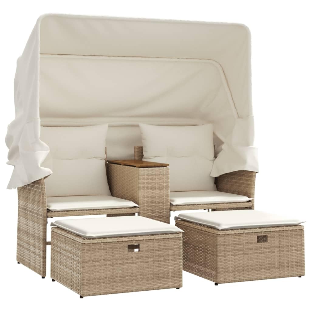 vidaXL Gartensofa 2-Sitzer, Outdoor Sofa mit Sonnendach, Terrassensofa mit Hockern, Gartenmöbel Sofagarnitur Gartengarnitur, Beige Poly Rattan